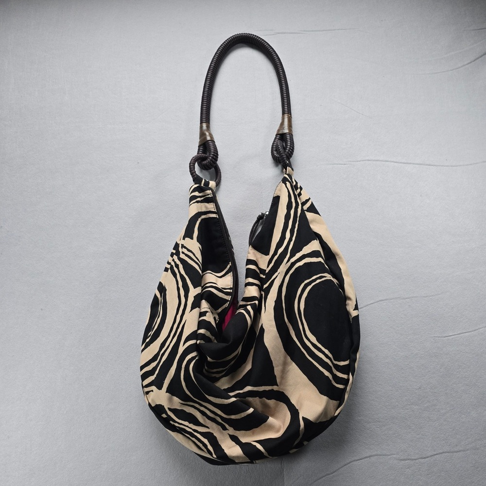 Retro Slouchy Swirl Canvas Hobo Bag | Boho Rope Handle Shoulder Bag Pink Lining